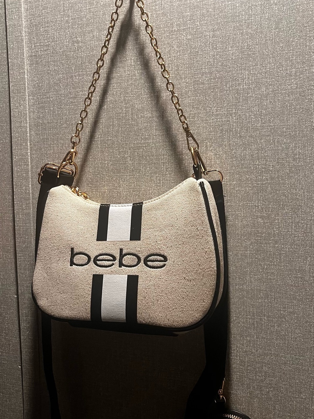 bebe Cream Canvas Shoulder Bag with Black and White Stripes